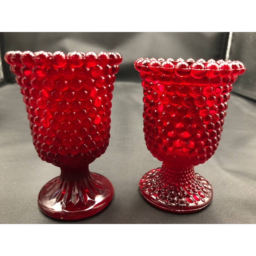 60s Vintage Ruby Red Hobnail Glass Votive Candle Holders Mismatched Set of 2